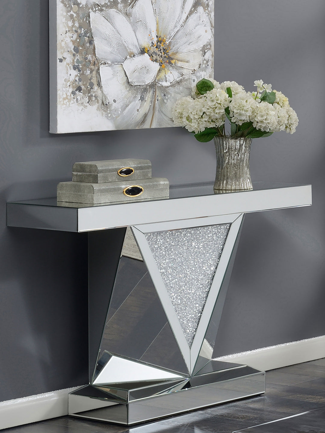 Amore Rectangular Sofa Table with Triangle Detailing Silver and Clear Mirror