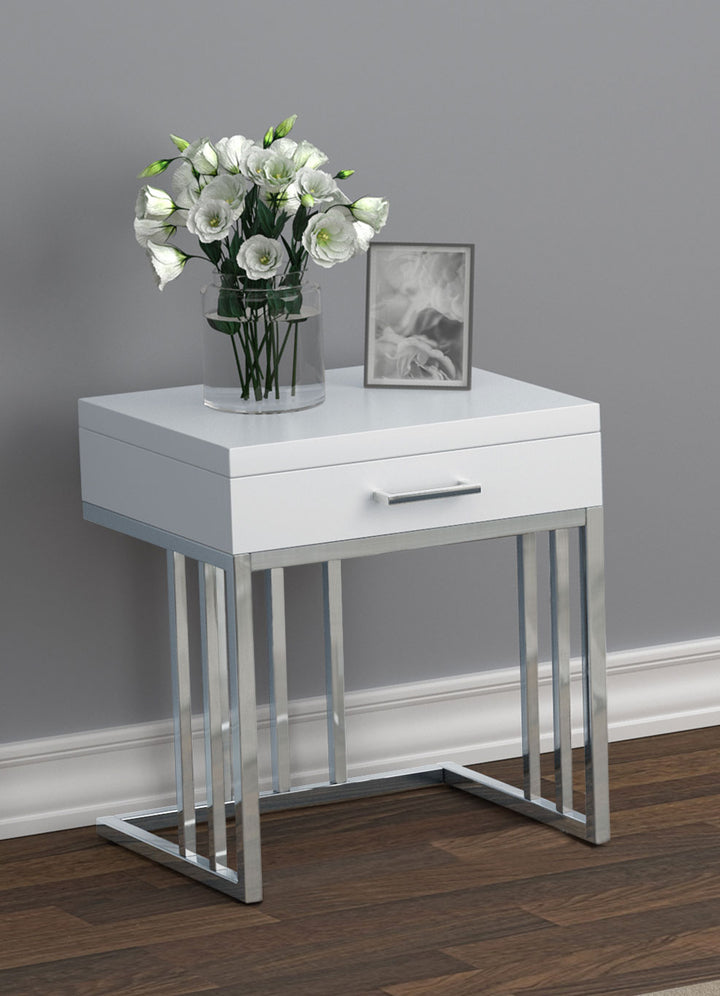 Dalya 1-drawer Rectangular End Table Glossy White and Chrome