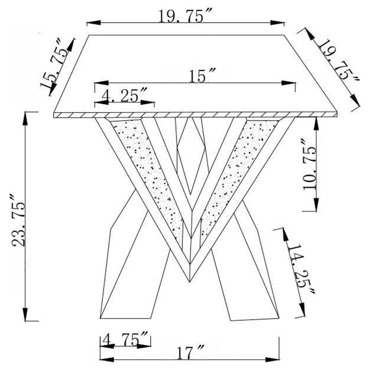 Taffeta V-shaped End Table with Glass Top Silver