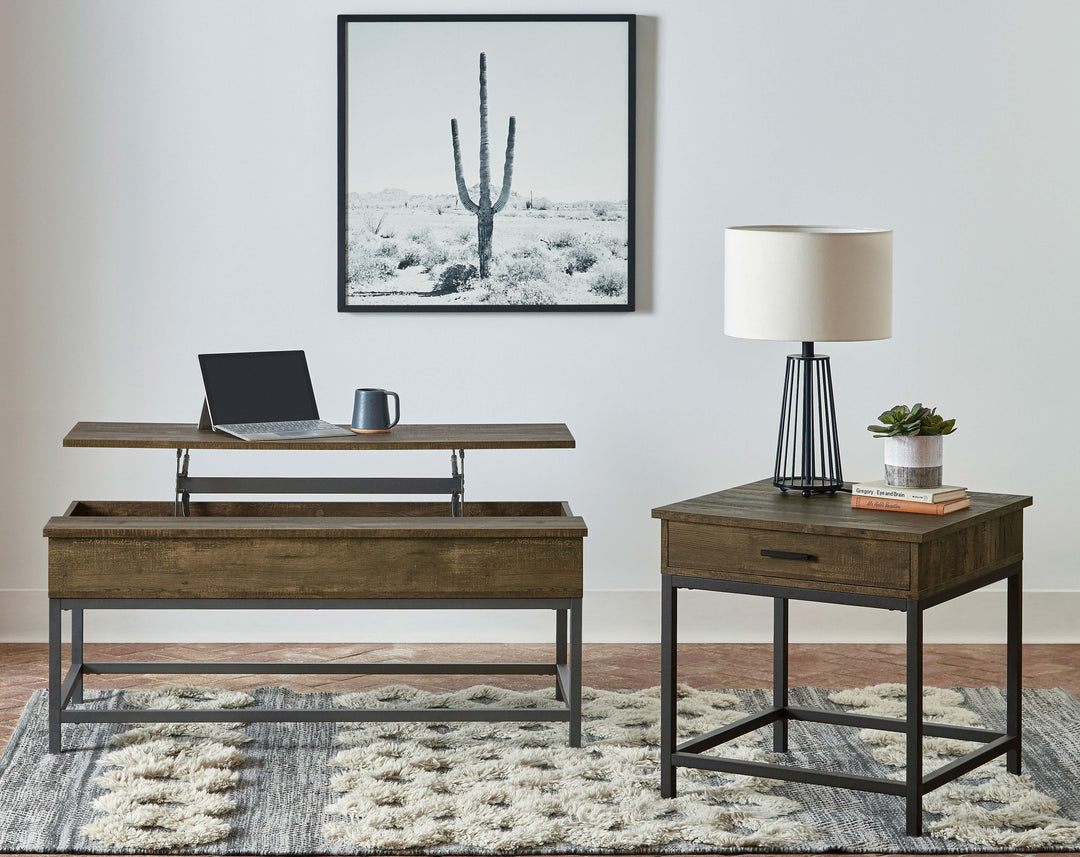 Byers Square 1-drawer End Table Brown Oak and Sandy Black