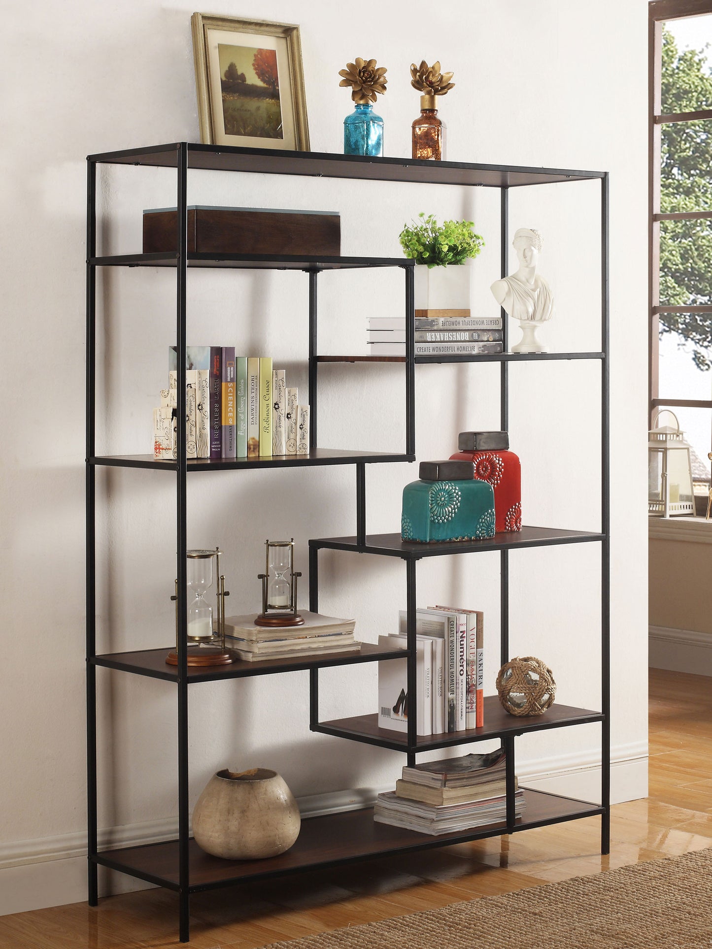 Asher 7-shelf Geometric Bookcase Walnut