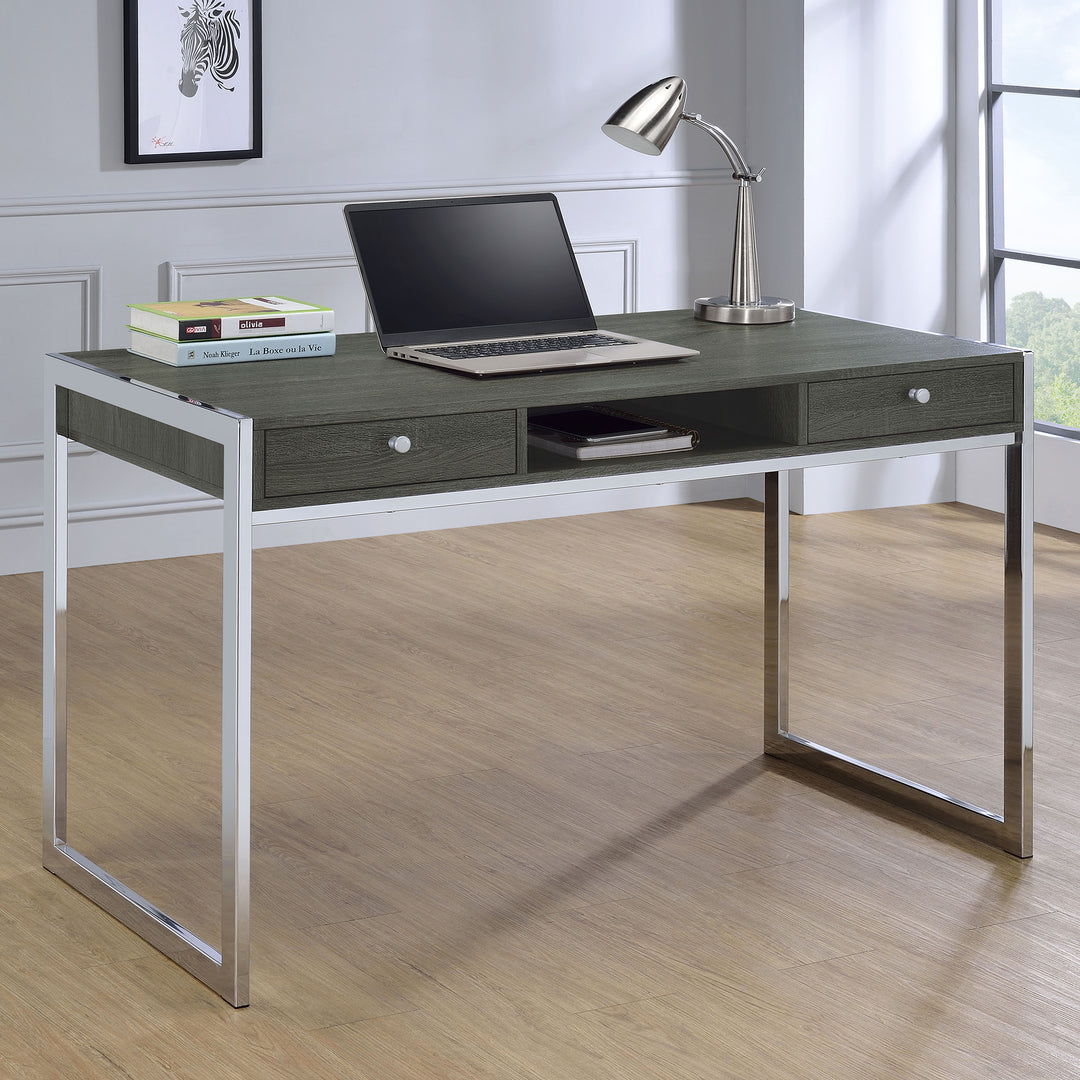 Wallice 2-drawer Writing Desk Weathered Grey and Chrome