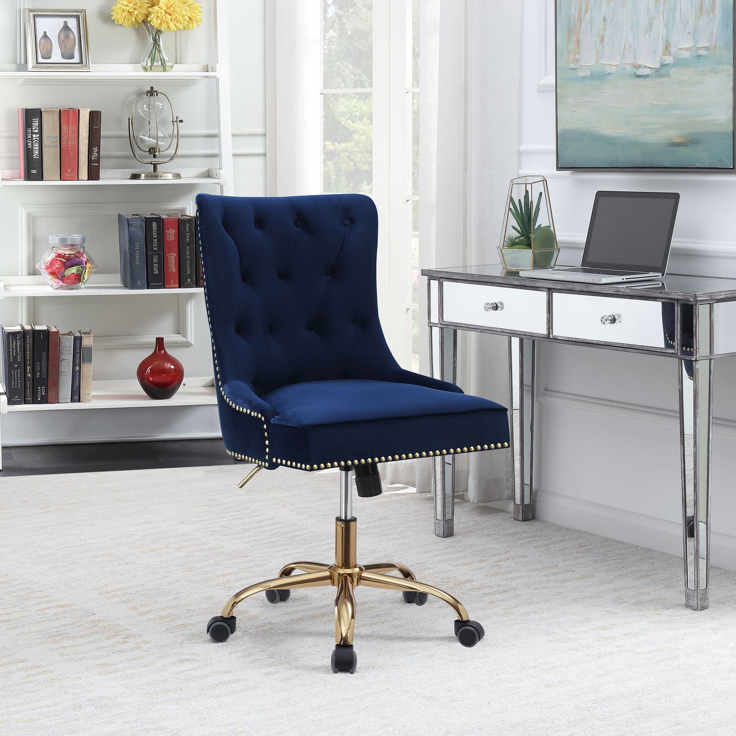 Bowie Upholstered Office Chair with Nailhead Blue and Brass