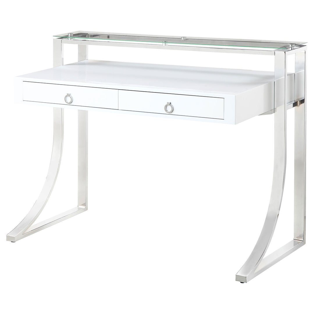 Gemma 2-drawer Writing Desk Glossy White and Chrome