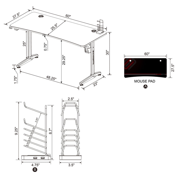 Tarnov Rectangular Metal Gaming Desk with USB Ports Black