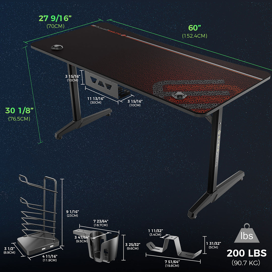 Tarnov Rectangular Metal Gaming Desk with USB Ports Black