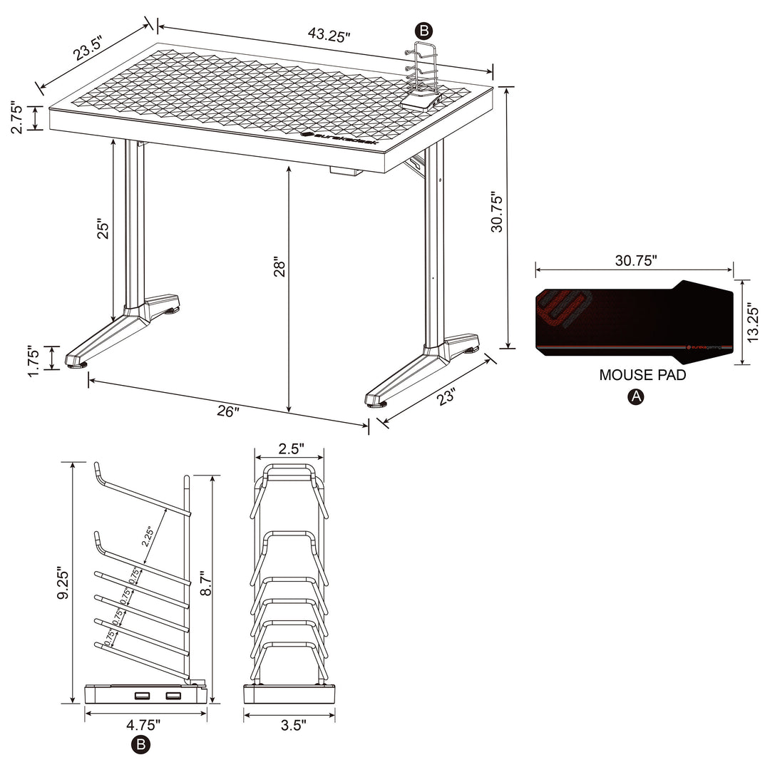 Avoca Tempered Glass Top Gaming Desk Black