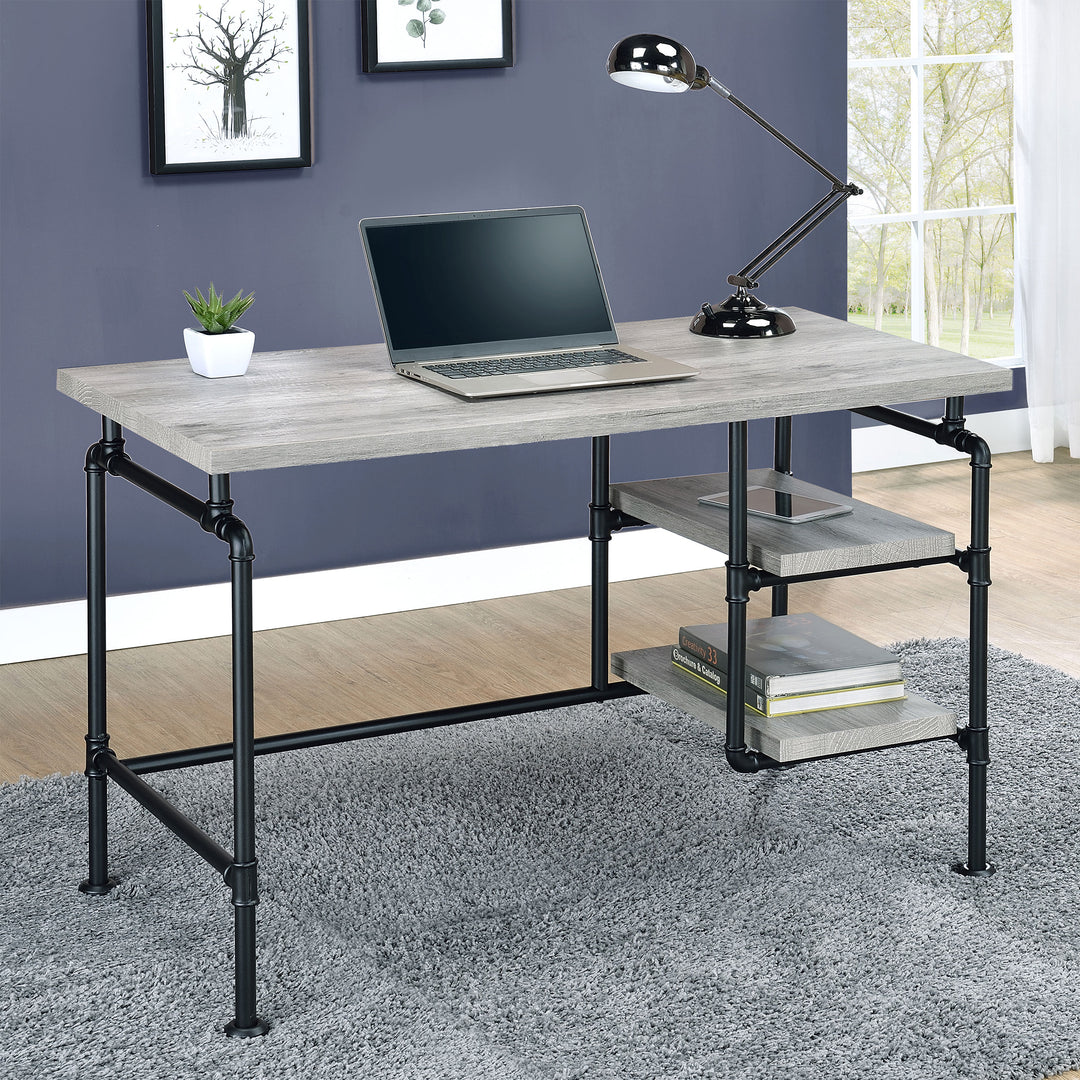 Delray 2-tier Open Shelving Writing Desk Grey Driftwood and Black