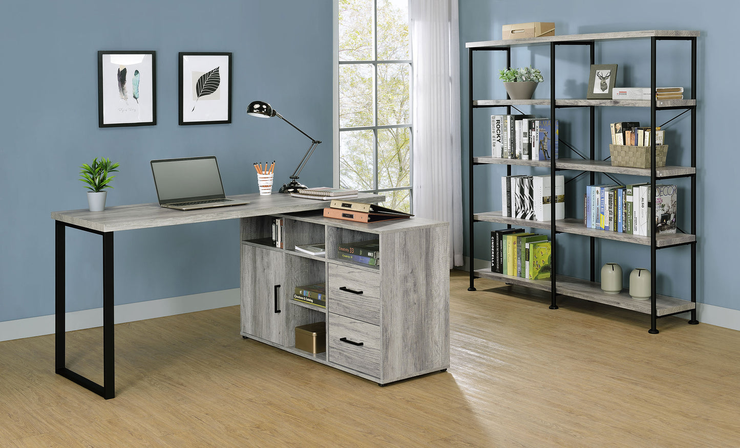 Hertford L-shape Office Desk with Storage Grey Driftwood