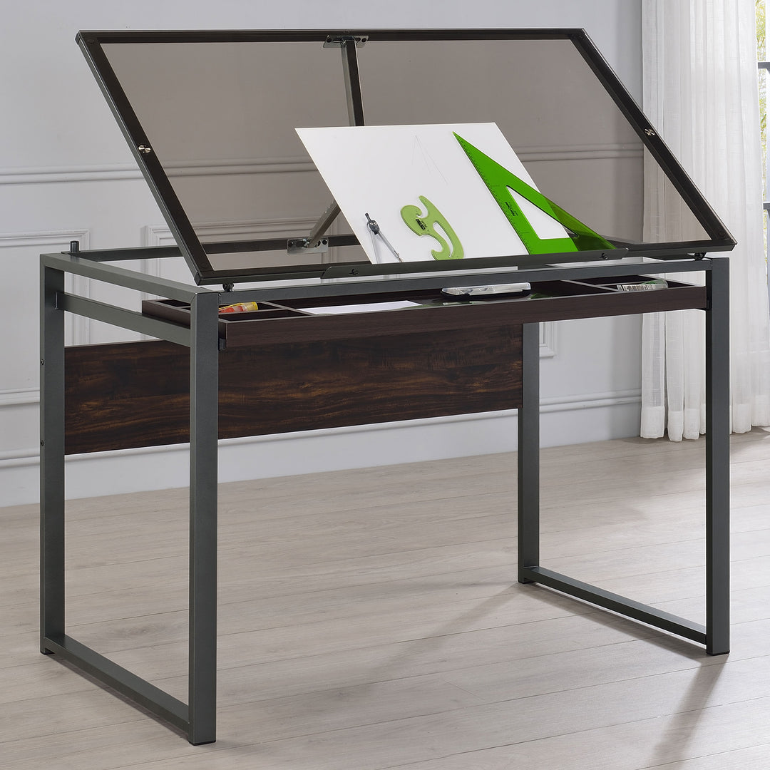 Pantano Glass Top Drafting Desk Dark Gunmetal and Chestnut