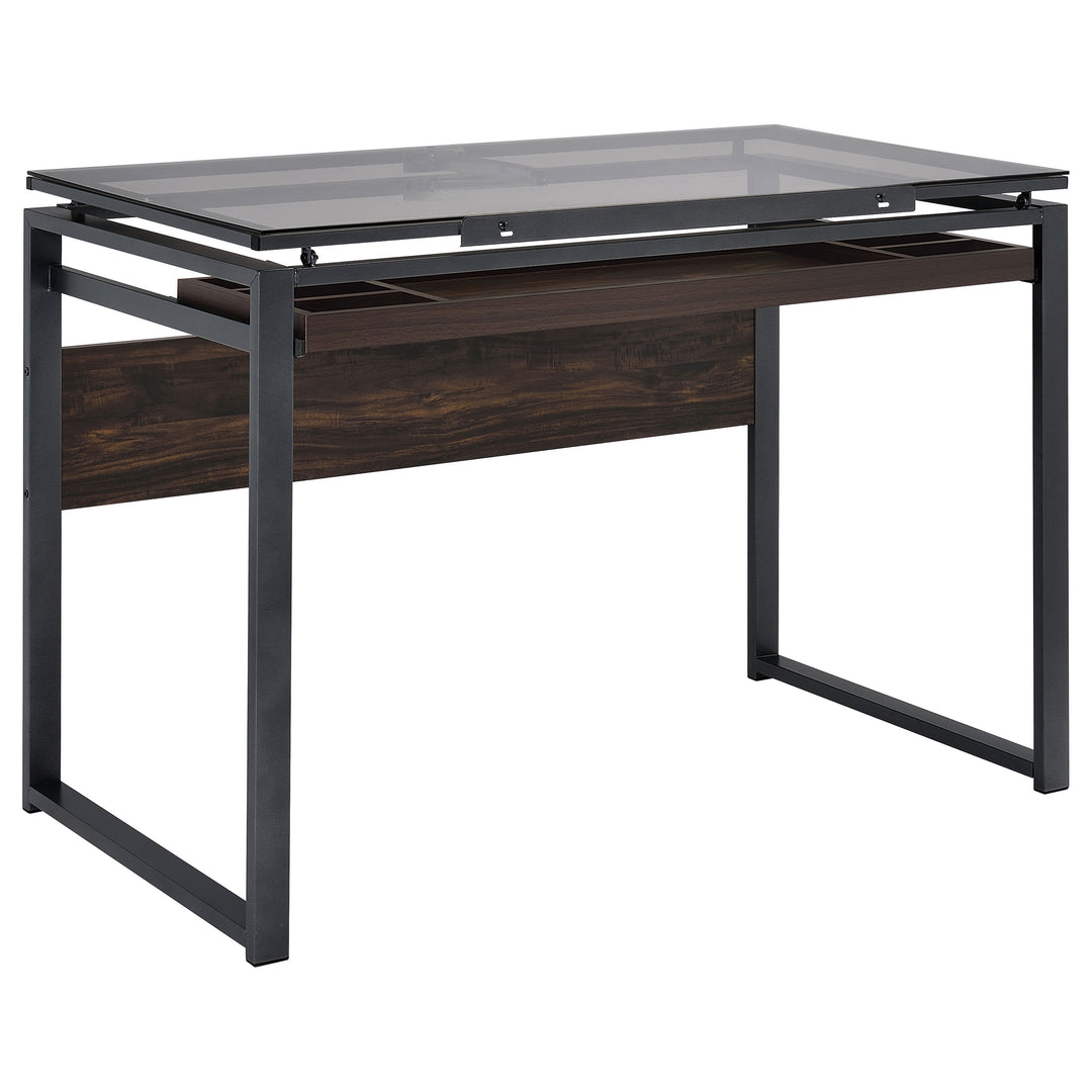 Pantano Glass Top Drafting Desk Dark Gunmetal and Chestnut