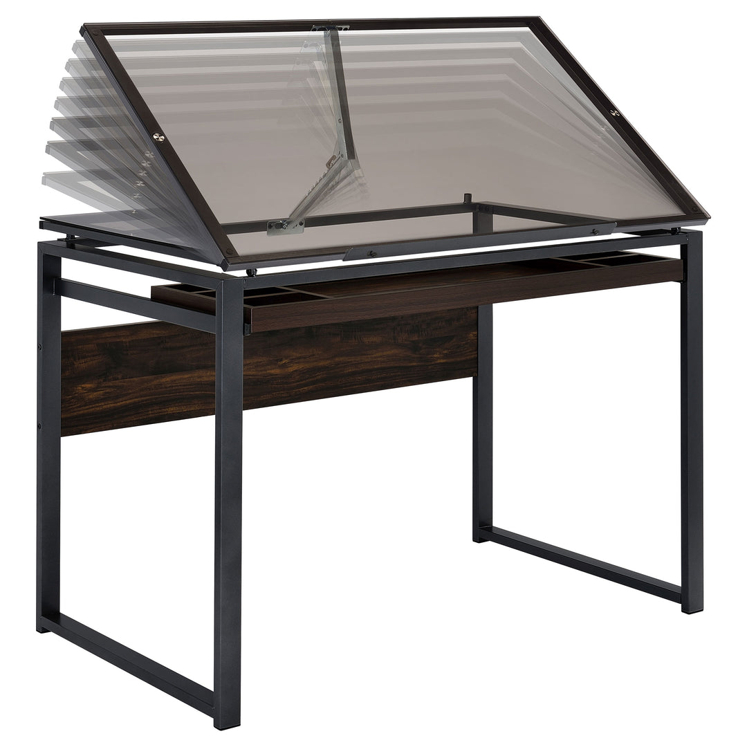 Pantano Glass Top Drafting Desk Dark Gunmetal and Chestnut