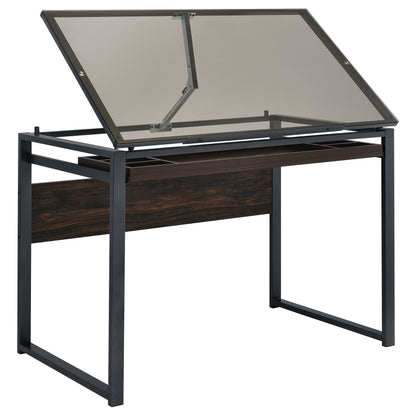 Pantano Glass Top Drafting Desk Dark Gunmetal and Chestnut