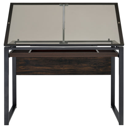 Pantano Glass Top Drafting Desk Dark Gunmetal and Chestnut