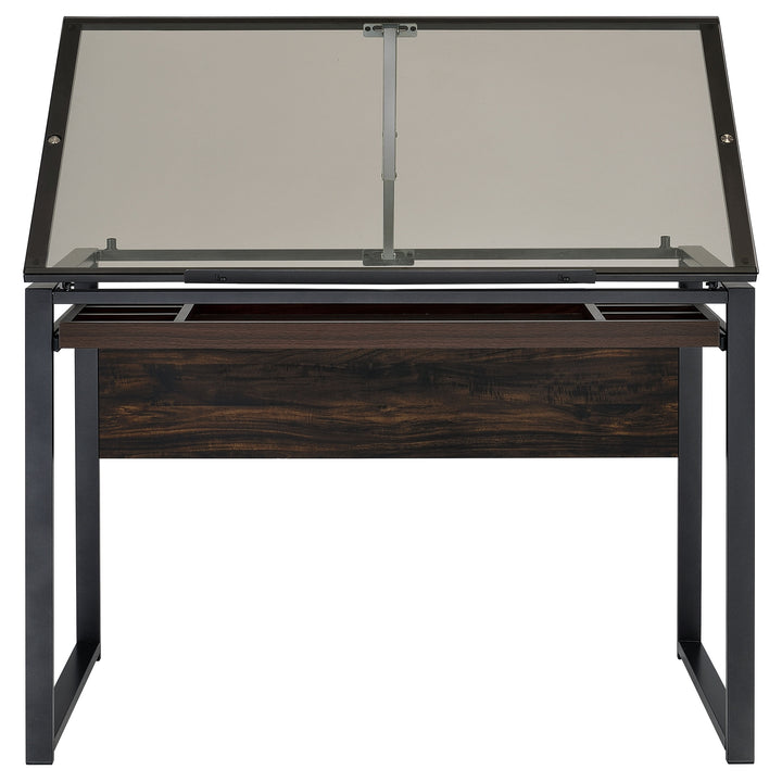 Pantano Glass Top Drafting Desk Dark Gunmetal and Chestnut