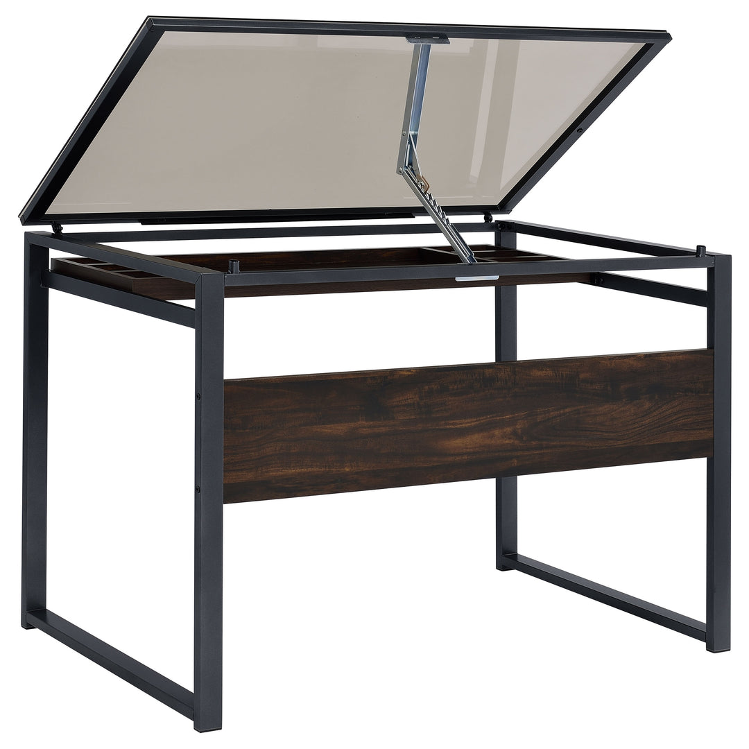 Pantano Glass Top Drafting Desk Dark Gunmetal and Chestnut