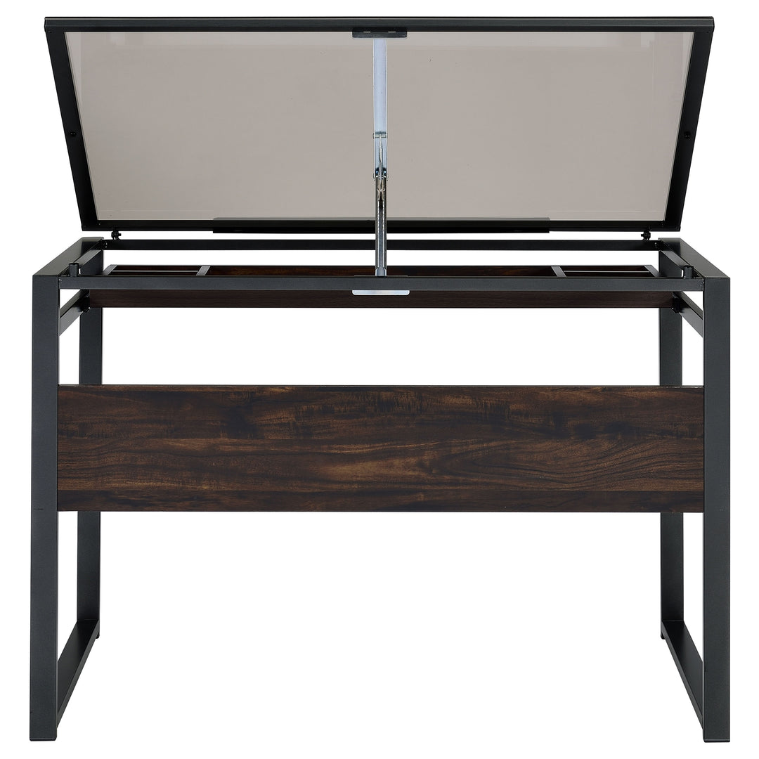 Pantano Glass Top Drafting Desk Dark Gunmetal and Chestnut