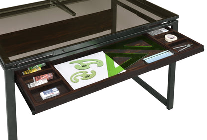 Pantano Glass Top Drafting Desk Dark Gunmetal and Chestnut