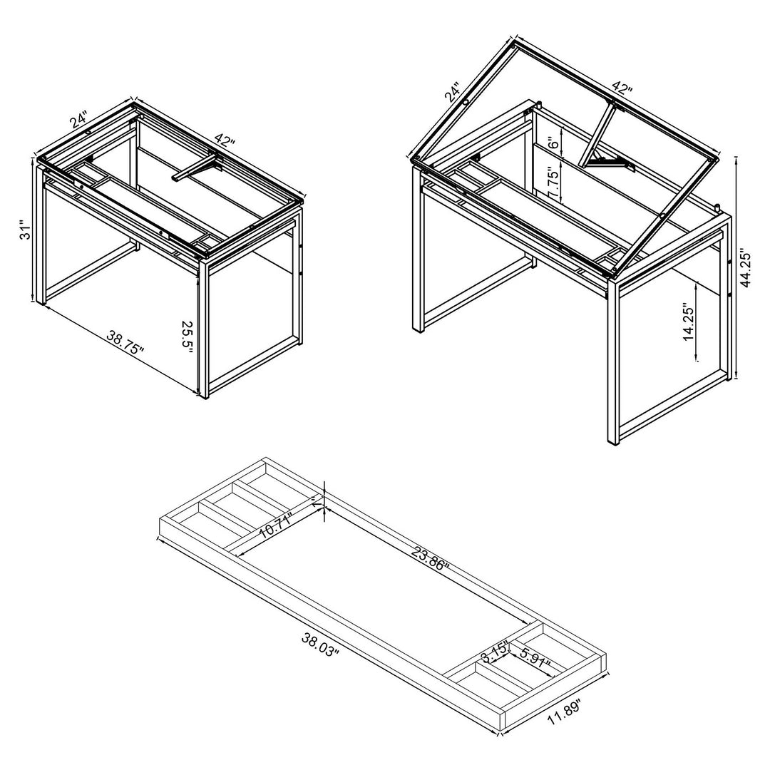 Pantano Glass Top Drafting Desk Dark Gunmetal and Chestnut