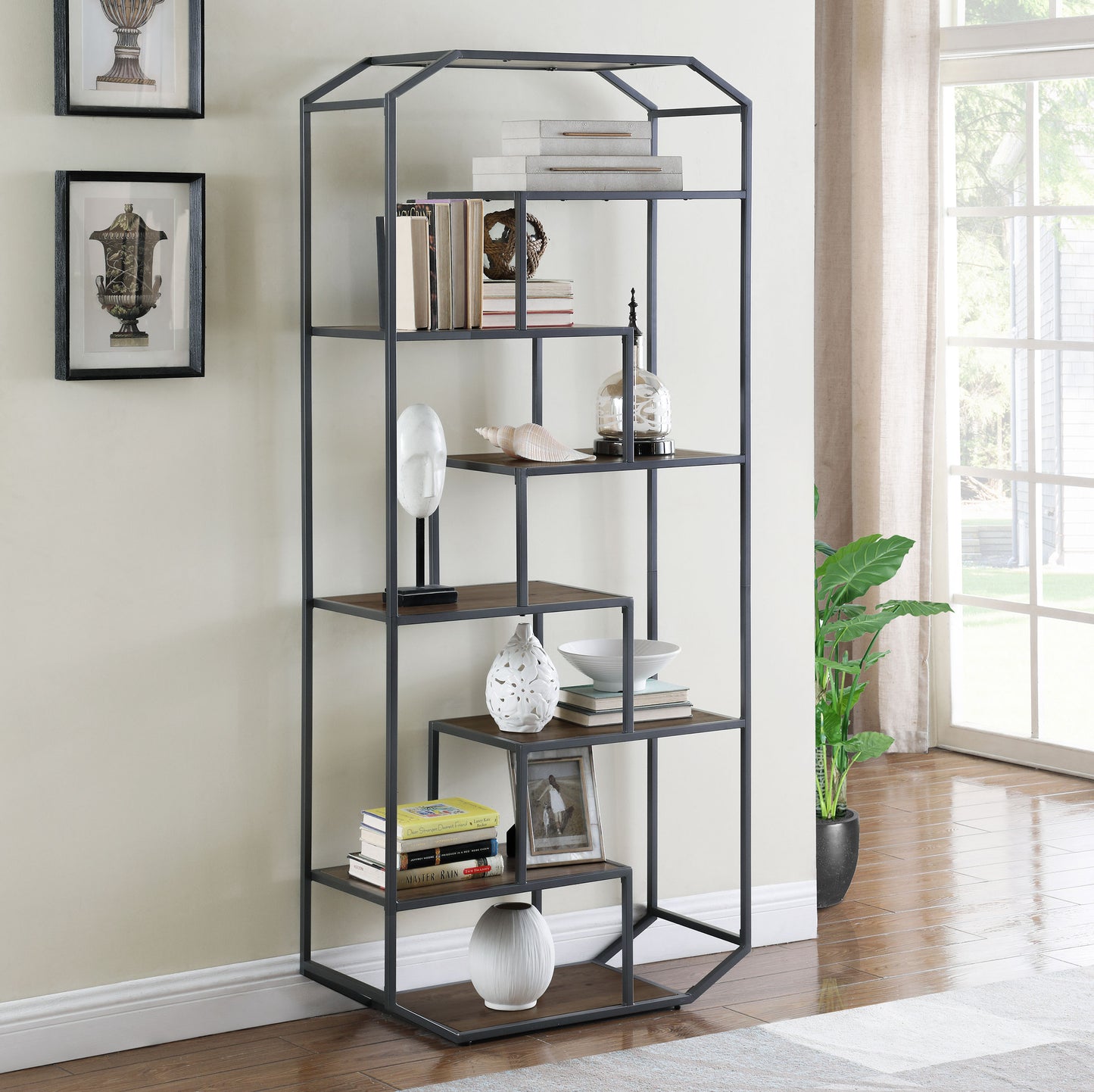 Leland 6-shelf Bookcase Rustic Brown and Dark Grey