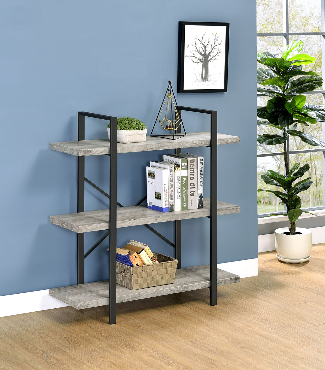 Cole 3-Shelf Bookcase Grey Driftwood and Gunmetal