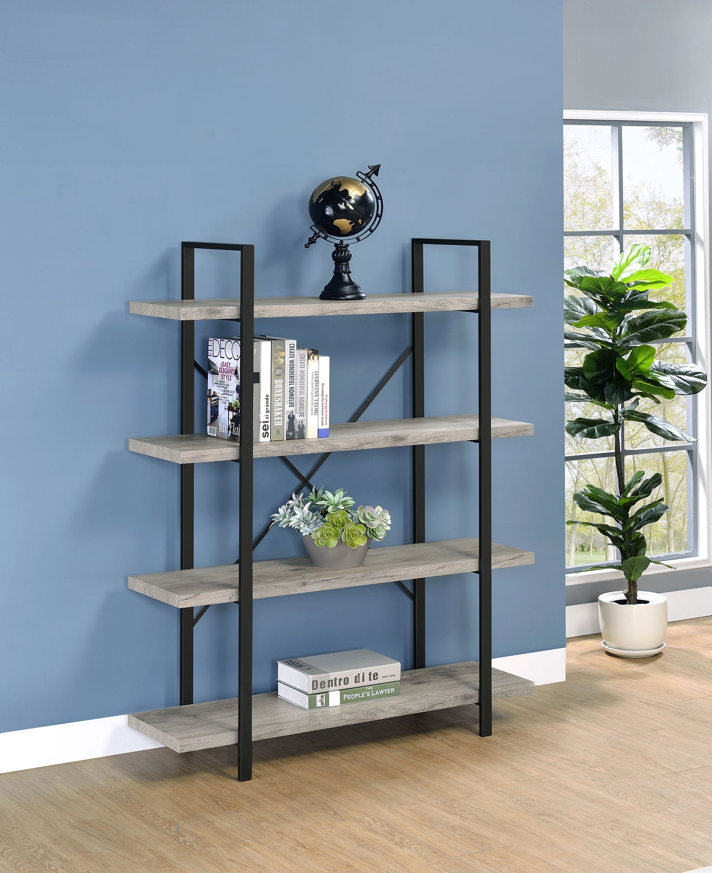 Cole 4-Shelf Bookcase Grey Driftwood and Gunmetal