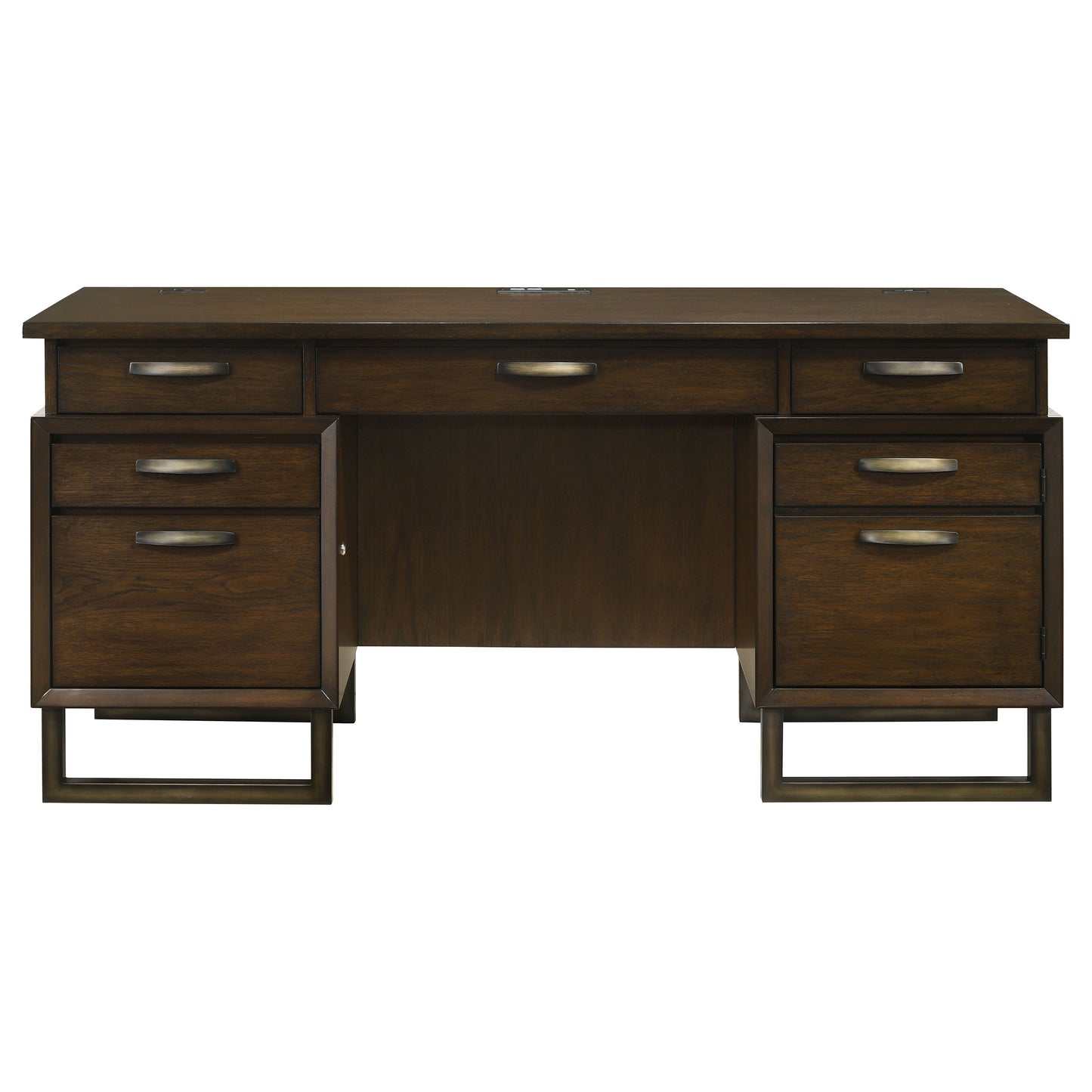 Marshall 5-drawer Credenza Desk With Power Outlet Dark Walnut and Gunmetal