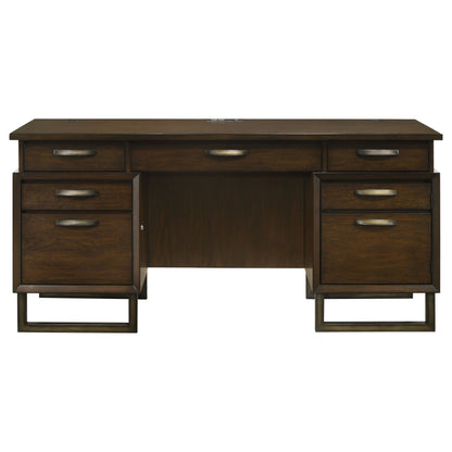 Marshall 5-drawer Credenza Desk With Power Outlet Dark Walnut and Gunmetal