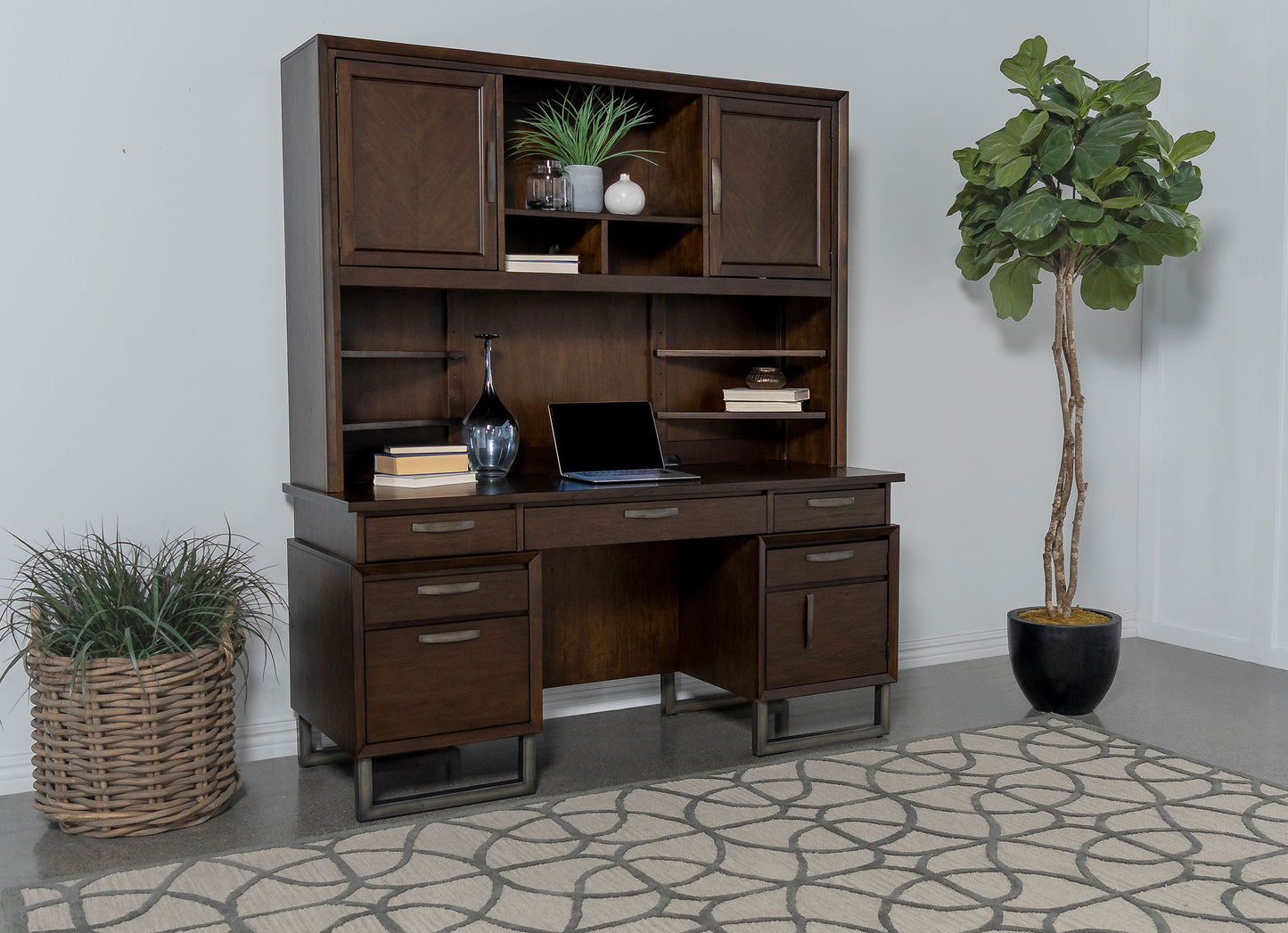 Marshall 5-drawer Credenza Desk With Power Outlet Dark Walnut and Gunmetal