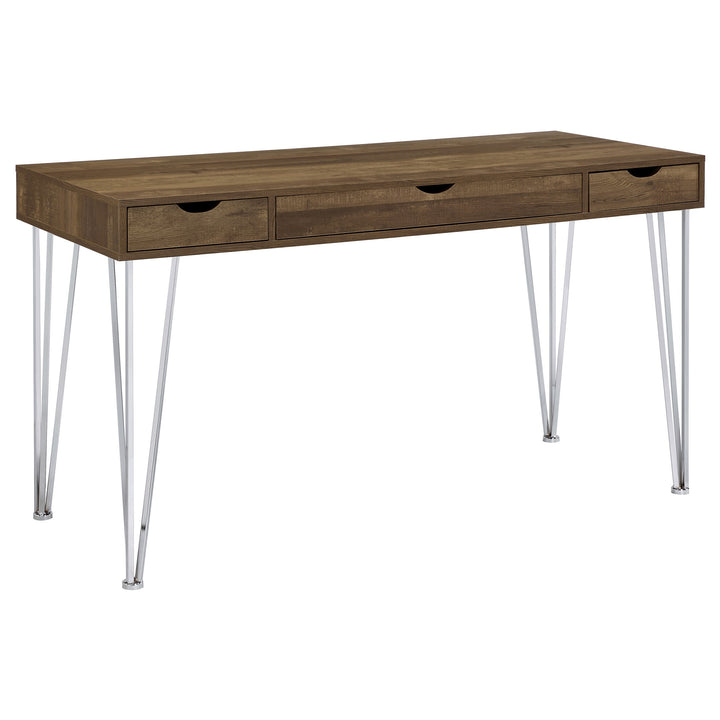 Milton 3-drawer Writing Desk Brown Oak and Chrome