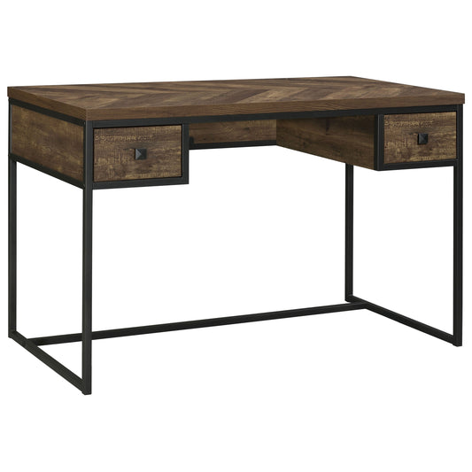 Millbrook 2-drawer Writing Desk Rustic Oak Herringbone and Gunmetal