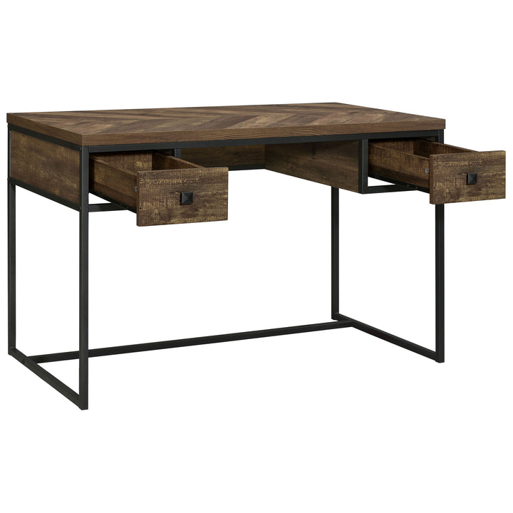 Millbrook 2-drawer Writing Desk Rustic Oak Herringbone and Gunmetal