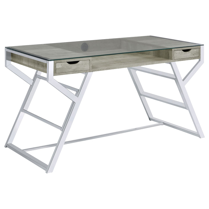 Emelle 2-drawer Glass Top Writing Desk Grey Driftwood and Chrome