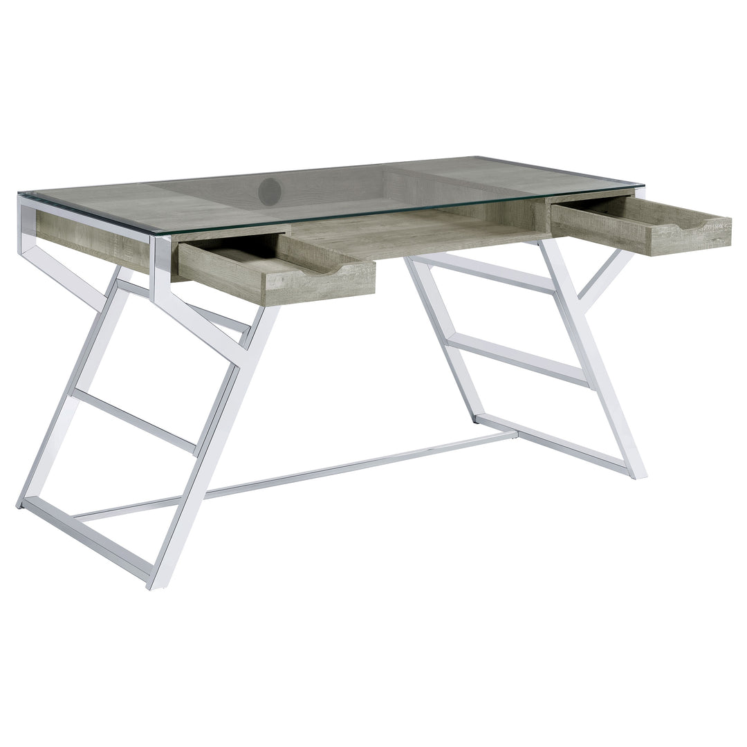 Emelle 2-drawer Glass Top Writing Desk Grey Driftwood and Chrome