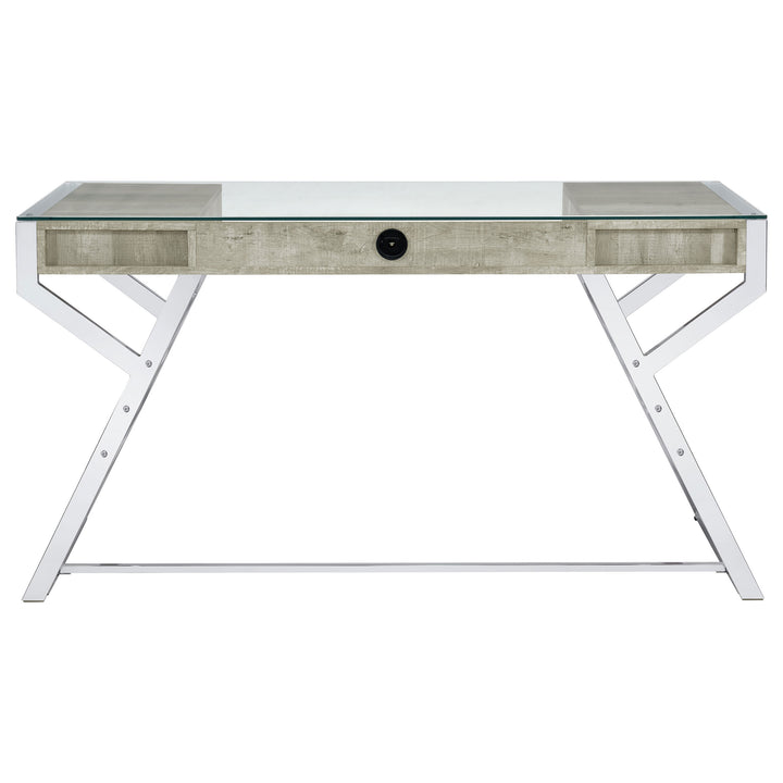 Emelle 2-drawer Glass Top Writing Desk Grey Driftwood and Chrome