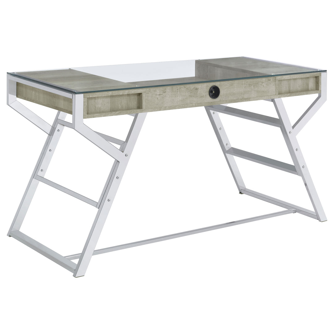 Emelle 2-drawer Glass Top Writing Desk Grey Driftwood and Chrome