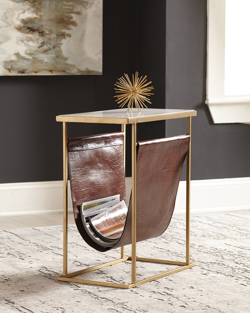 Solid Marble Top Accent Table White and Brass