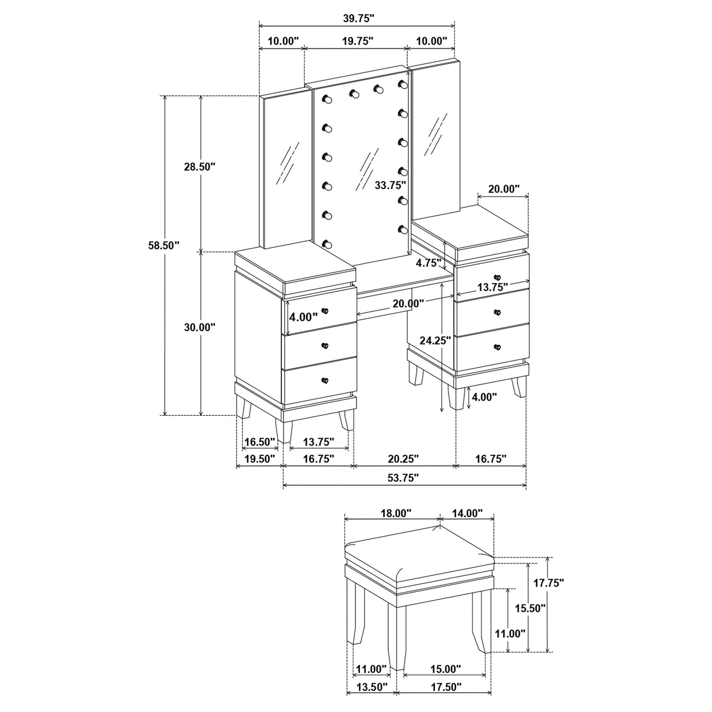 Talei 6-drawer Vanity Set with Lighting Black and White