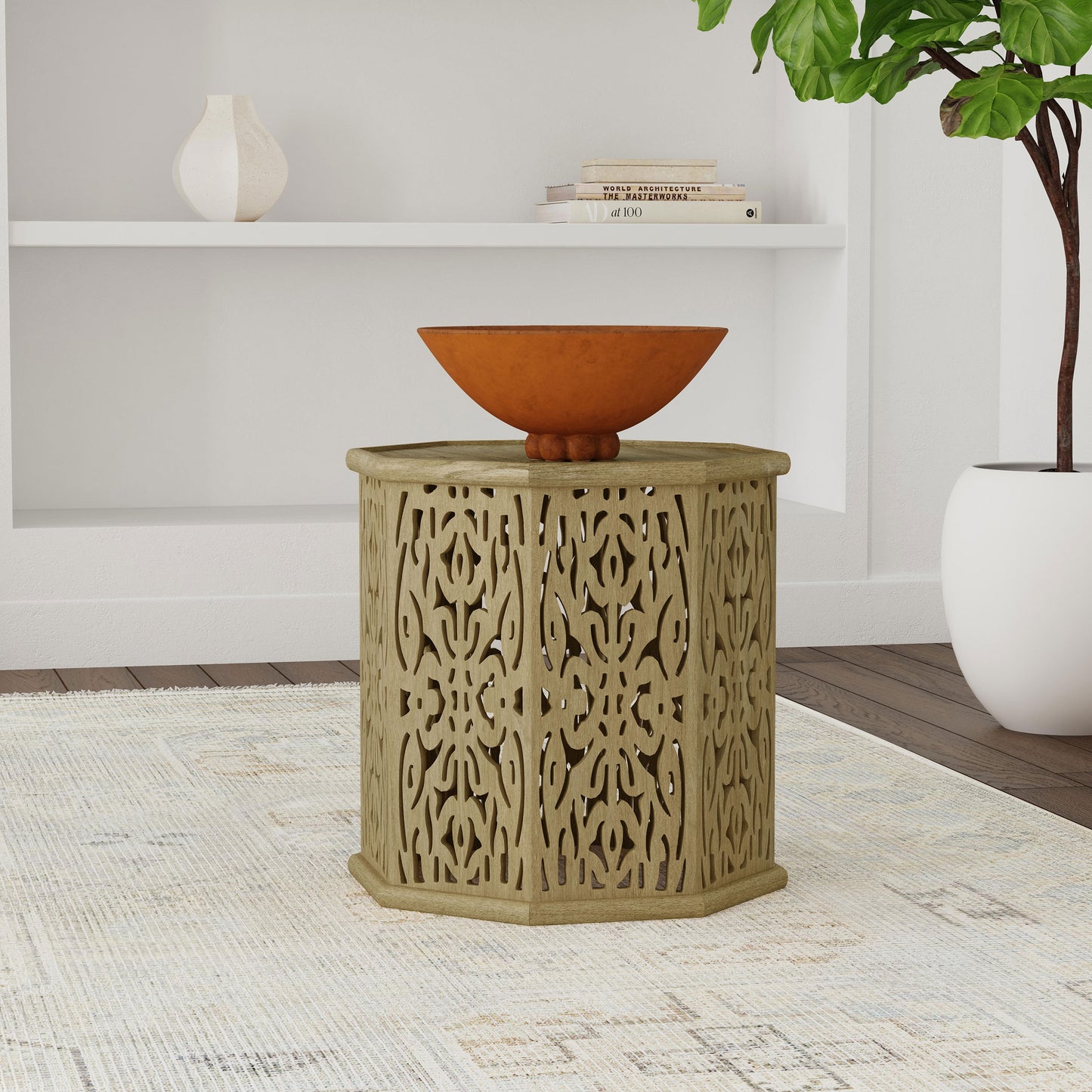 Torres Octagonal Solid Wood Side Table with Intricate Openwork Carvings Natural Brown