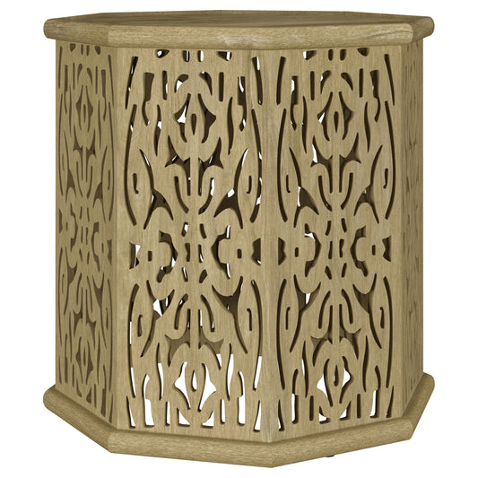 Torres Octagonal Solid Wood Side Table with Intricate Openwork Carvings Natural Brown