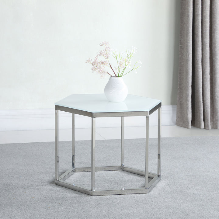 Hexagon Glass Top Accent Table White and Silver