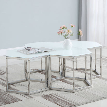 Hexagon Glass Top Accent Table White and Silver