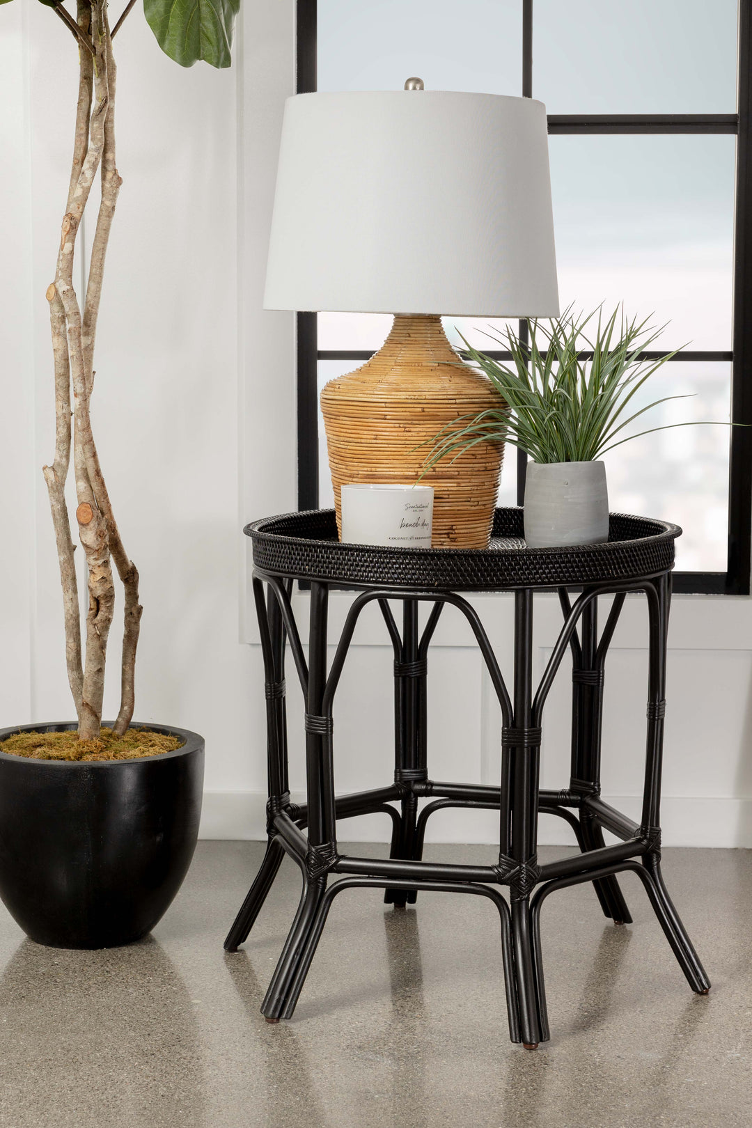 Antonio Round Rattan Tray Top Accent Table Black