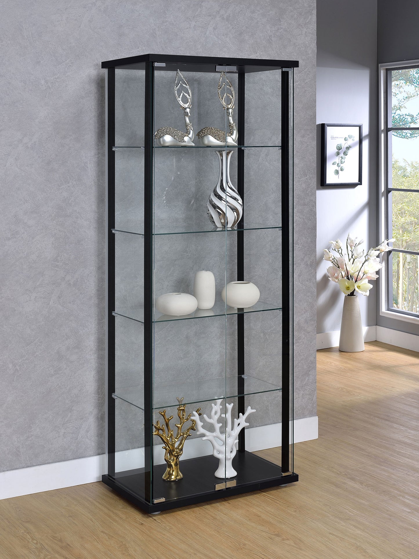 Delphinium 5-shelf Glass Curio Cabinet Black and Clear