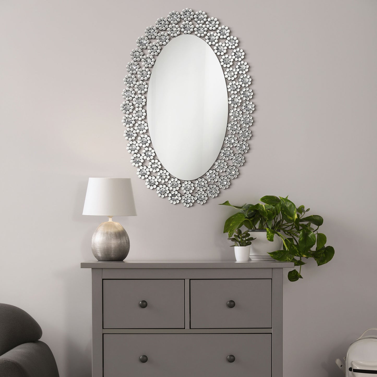 Colleen Oval Wall Mirror with Faux Crystal Blossoms