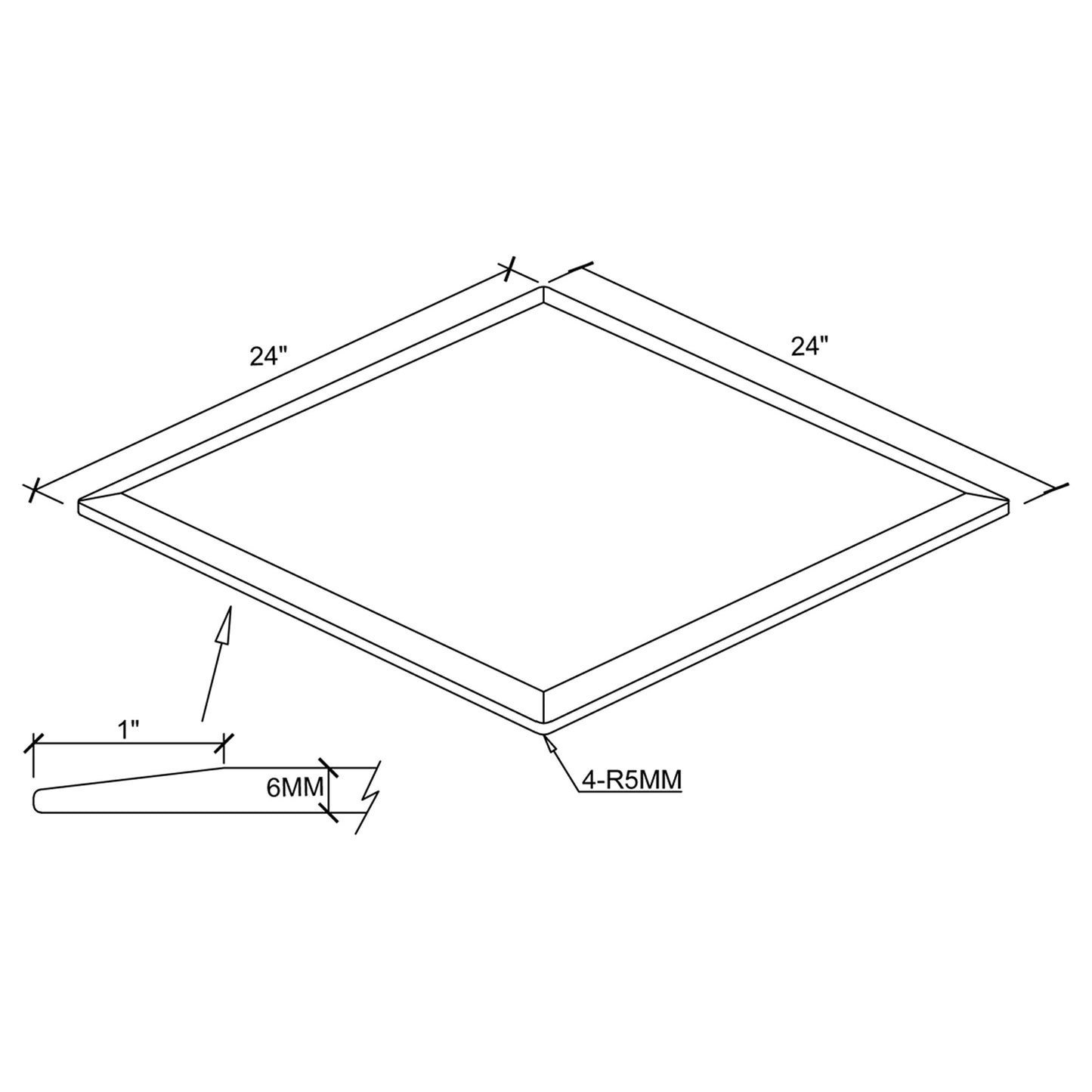 24" 6mm Square Glass Top Clear