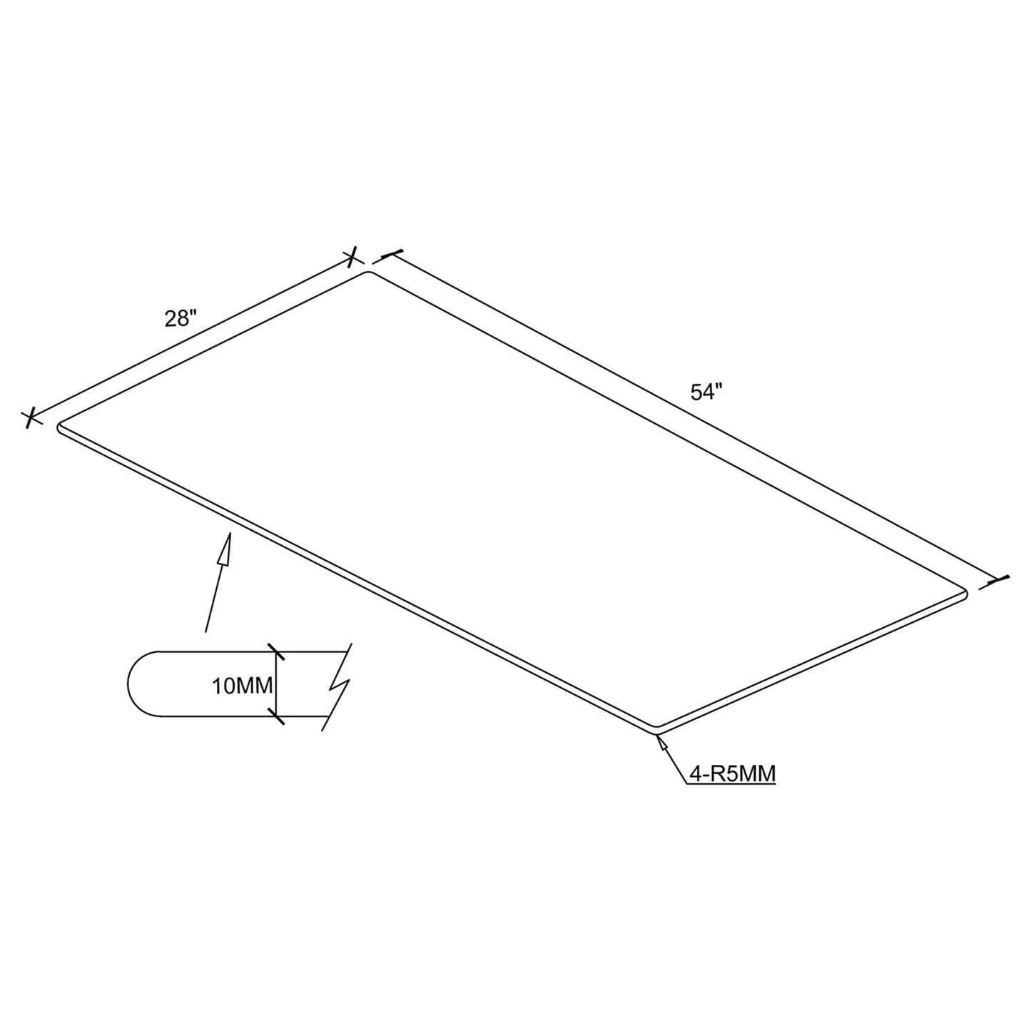 54x28" 10mm Rectangular Glass Top Clear