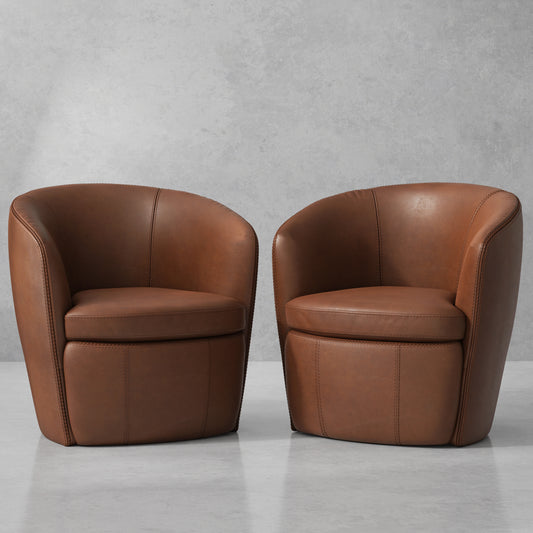 Living Barolo - Vintage Whiskey 100% Italian Leather Swivel Club Chair Two Pack