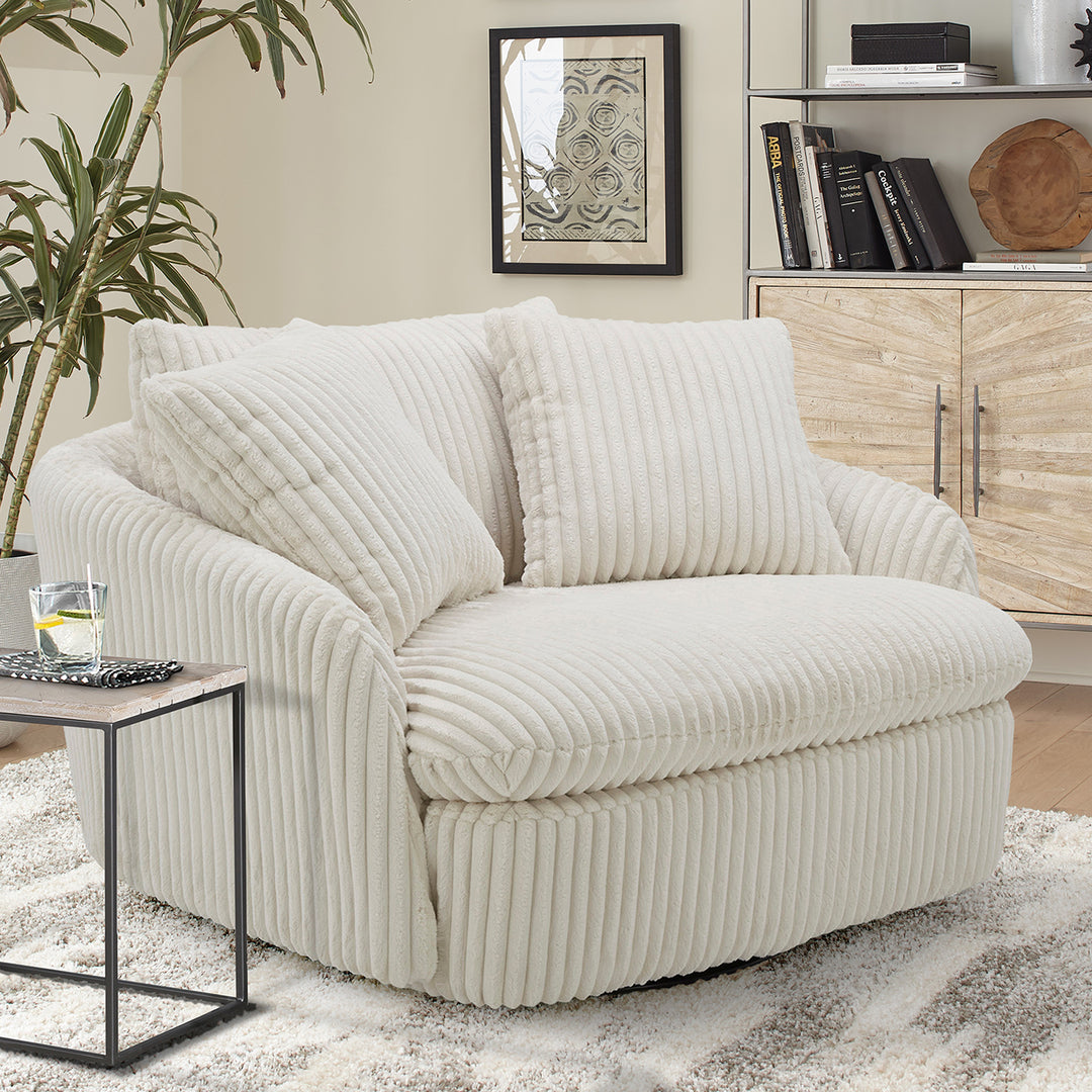 Living Boomer - Mega Ivory Large Swivel Chair with 2 Toss Pillows