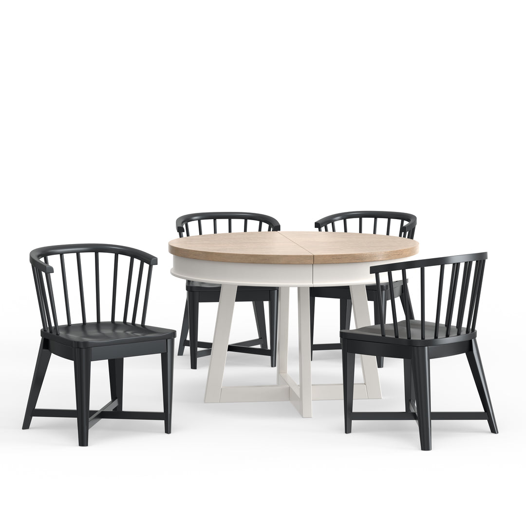 House Americana Modern Dining 48-66" Round Dining Table and 4 Black Barrel Chairs